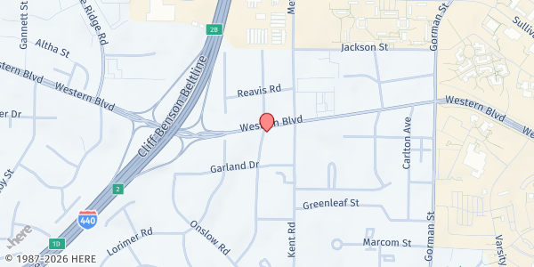 Map showing Lifepointe Church at 4131 Western Boulevard, Southwest Raleigh, NC