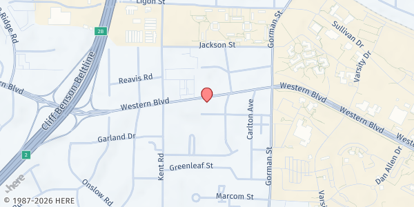 Map showing Triangle Vineyard Christian Fellowship at 3915 Western Boulevard, Southwest Raleigh, NC