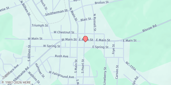 Map showing Montgomery Council on Aging-Love Conquers Outreach (TEFAP Provider) at 202 E Main St, Troy, NC