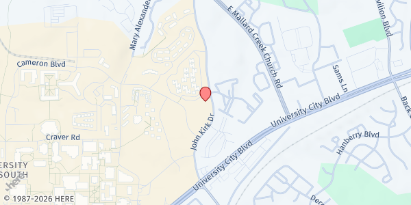 Map showing UNC Charlotte - Jamil Niner Pantry at 1224 John Kirk Drive, University City South, NC