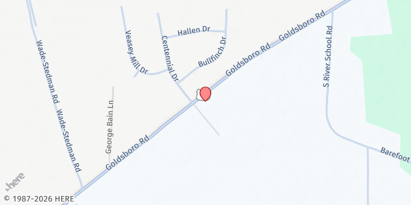 Map showing South River Community Church at 6540 Goldsboro Rd., Wade, NC