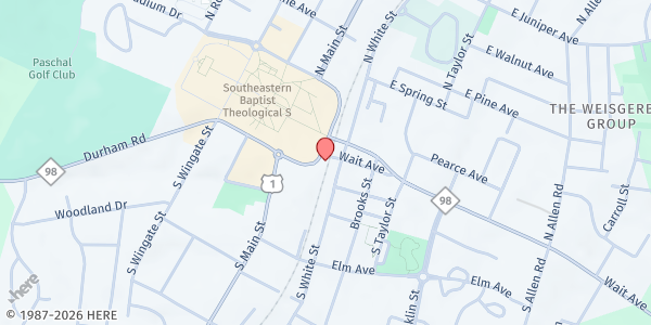 Map showing Wake Forest Baptist Church at 107 E. S. Ave., Wake Forest, NC