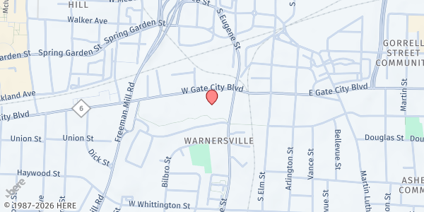 Map showing Greensboro Urban Ministry Food Pantry at 305 West Gate City Boulevard, Warnersville, NC