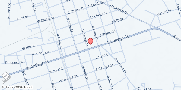 Map showing Warsaw Baptist Church at 209 E. College St., Warsaw, NC