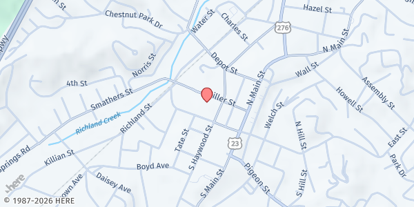 Map showing Grace Episcopal Church Food Pantry at 394 N Haywood Street, Waynesville, NC