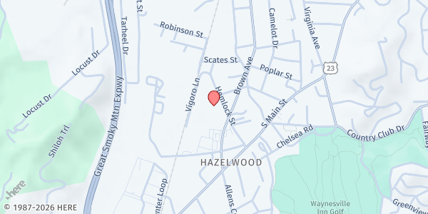 Map showing Haywood Pathways Center at 179 Hemlock St., Waynesville, NC