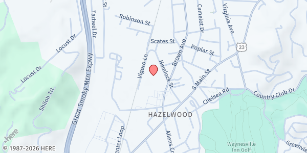 Map showing Haywood Pathways Center at 179 Hemlock Street, Waynesville, NC