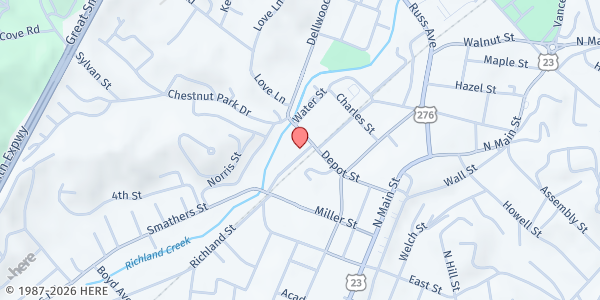 Map showing The Open Door at 32 Commerce St., Waynesville, NC