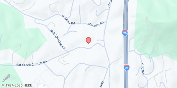 Map showing Flat Creek Baptist Church at 21 Flat Creek Church Road, Weaverville, NC