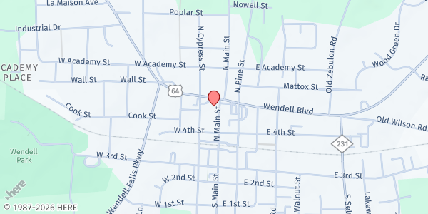 Map showing Wendell United Methodist Church at 129 North Main Street, Wendell, NC