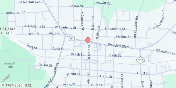 Map showing Wendell United Methodist Church at 129 N. Main St., Wendell, NC