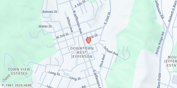 Map showing Ashe County Sharing Center - Food Distribution Center at 3 3rd Ave, West Jefferson, NC