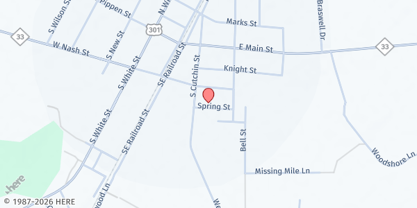 Map showing Christ Way Holiness Church Ministries, Inc. at 206 Spring St., Whitakers, NC