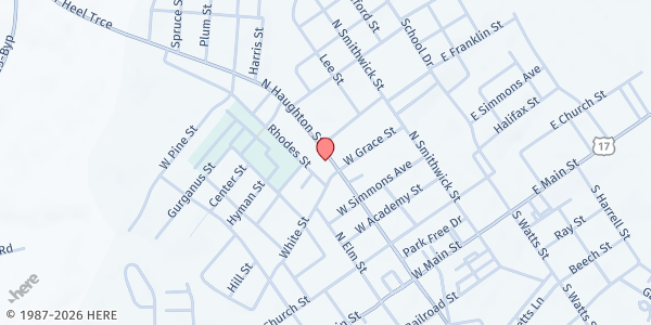 Map showing Friends of God Ministries at 503 N Haughton Street, Williamston, NC