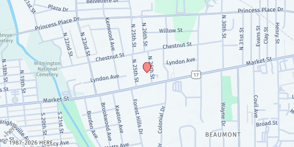 Map showing St. Judes Metropolitan Church at 19 N. 26th St., Wilmington, NC