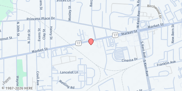 Map showing The Love Center Church at 3926 Market Street, Wilmington, NC