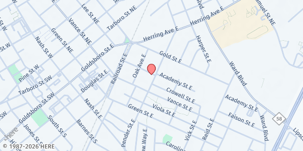 Map showing Christ Deliverance Tabernacle Ministries at 413 E. Pender St., Wilson, NC