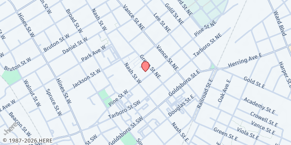 Map showing Wilson Praise & Worship Church at 202 W. Nash St., Wilson, NC