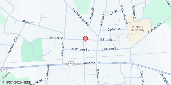 Map showing Common Heart at Wingate Baptist Church at 109 East Elm St, Wingate, NC