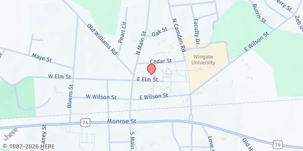 Map showing Common Heart Pantry @ Wingate Baptist Church at 109 East Elm Street, Wingate, NC