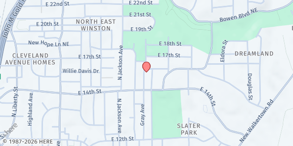 Map showing Alpha & Omega Church of Faith at 1445 Gray Avenue Northeast, Winston-Salem, NC