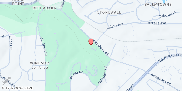 Map showing Bethabara Moravian Church at 2100 Bethabara Road, Winston-Salem, NC