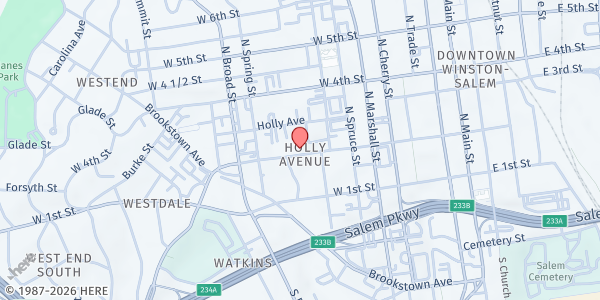 Map showing Catholic Charities Diocese at 627 W. 2nd St., Winston-Salem, NC