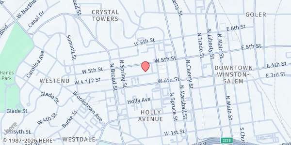 Map showing Centenary United Methodist Church at 633 W Fourth 1/2 St., Winston-Salem, NC