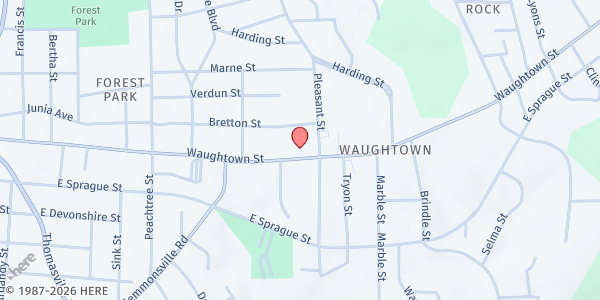 Map showing Community Mosque (Al Maun Food Bank) at 1419 Waughtown Street, Winston-Salem, NC