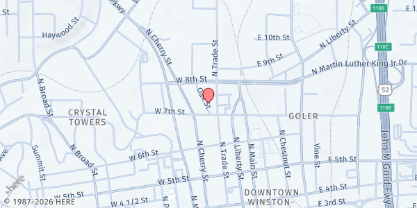 Map showing Winston-Salem Rescue Mission at 717 Oak St, Winston-Salem, NC