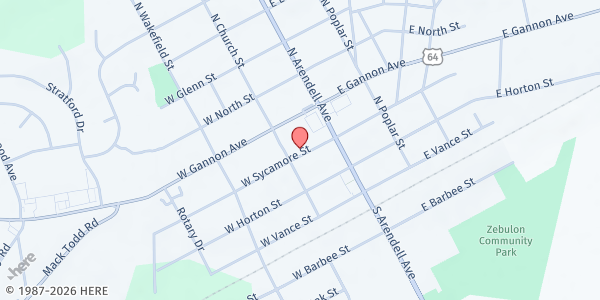 Map showing Zebulon United Methodist Church at 114 West Sycamore Street, Zebulon, NC