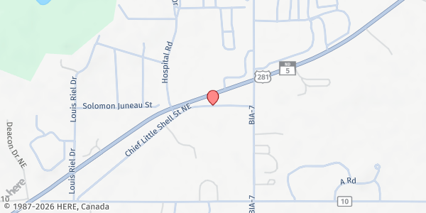 Map showing Turtle Mountain Chippewa Food Pantry at 1023 Chief Little Shell St. NE, Belcourt, ND