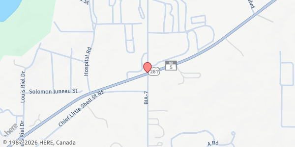 Map showing Turtle Mountain Worship Center Food Pantry at Moonlight Dr. Hwy 5 E, Belcourt, ND