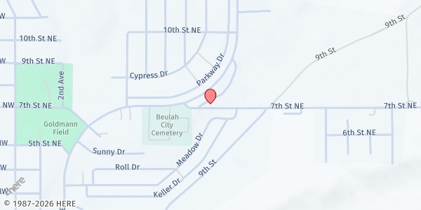 Map showing Mercer County Resource Center - Food Distribution Center at 1500 7th St NE, Beulah, ND