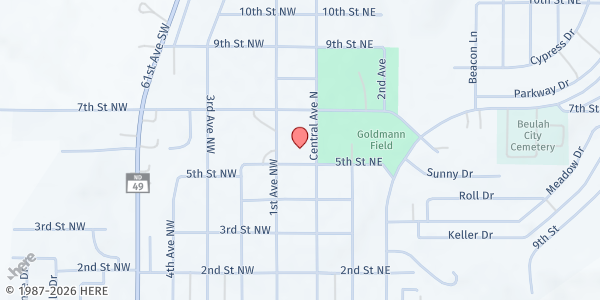Map showing Zion Lutheran Church at 112 5th St NW, Beulah, ND