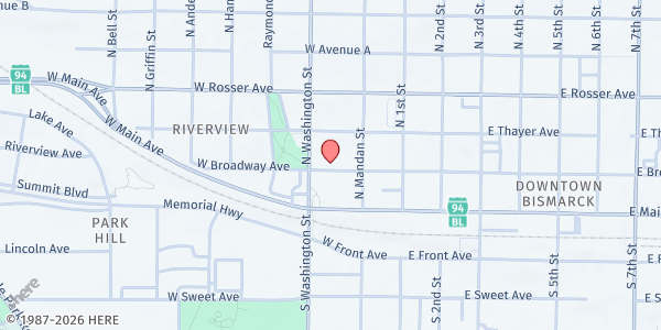 Map showing Abused Adult Resource Center - Pam's House at 218 W Broadway Ave., Bismarck, ND