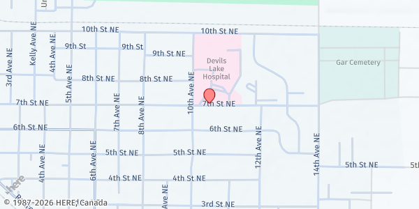 Map showing SAAF - Food Distribution Center at 1033 7th Street Northeast, Devils Lake, ND