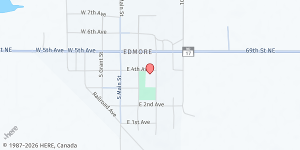 Map showing Edmore Memorial Rest Home at 301 4th Ave, Edmore, ND