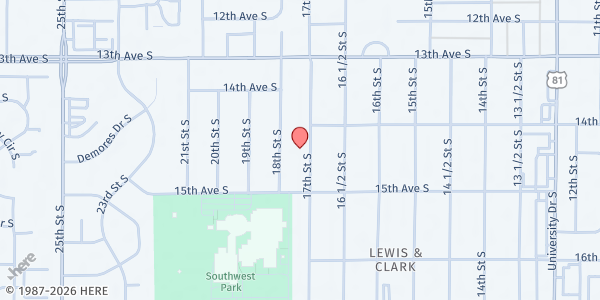 Map showing FWC (Family Worship Center) Food Pantry at 1419 17th St. S, Fargo, ND