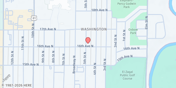 Map showing Latter Rain Ministries at 1603 5th St. N, Fargo, ND