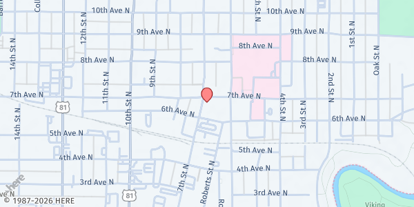 Map showing McMerty Food Pantry at 619 7th St N, Fargo, ND