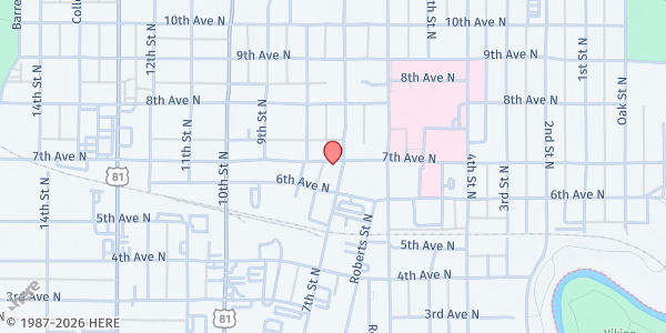 Map showing McMerty Food Pantry at 630 7th St. N, Fargo, ND