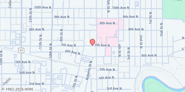 Map showing McMerty Food Pantry - Food Distribution Center at 630 7th Ave N, Fargo, ND