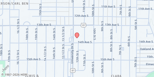 Map showing Olivet Lutheran Church Food Pantry at 1330 S University Dr, Fargo, ND