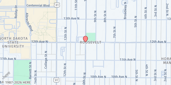 Map showing Peace Lutheran Church Food Pantry at 1001 12th Ave. N, Fargo, ND