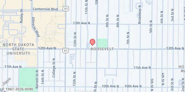 Map showing Peace Lutheran Church Food Pantry at 1011 12th Ave N, Fargo, ND