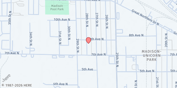 Map showing The KIDS (Karing is Doing Service) Food Pantry at 725 28th St N, Fargo, ND