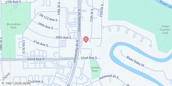 Map showing YWCA Shelter of Cass-Clay at 3000 S University Dr, Fargo, ND