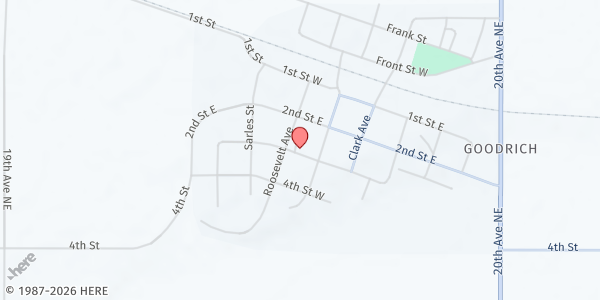 Map showing First Baptist Church at 210 3rd St W, Goodrich, ND