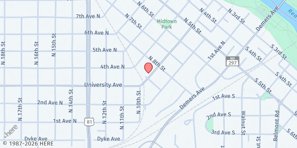 Map showing Love in Action at 818 University Ave, Grand Forks, ND